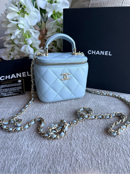 CHANEL Handbags - CHANEL Baby Blue Quilted Mini Vanity Top Handle Crossbody Bag with COA